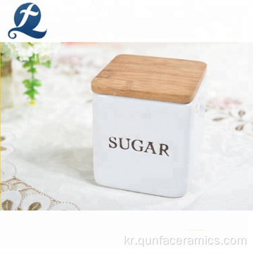 대나무 뚜껑이있는 세라믹 설탕 주방 용기